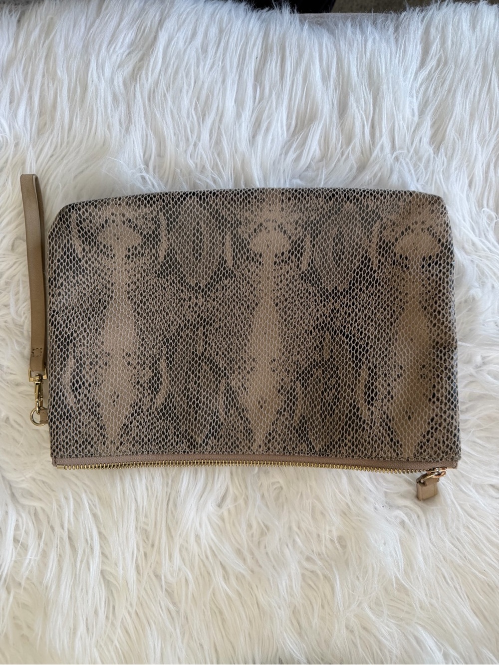 Snake-Embossed Leather Wristlet Clutch in Taupe
